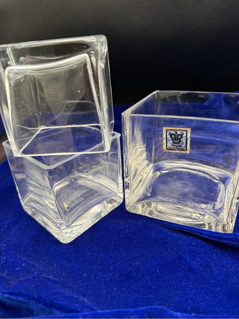 Vintage Clear Glass Cube Vases or candle holders - Brand: Royal Art Glass